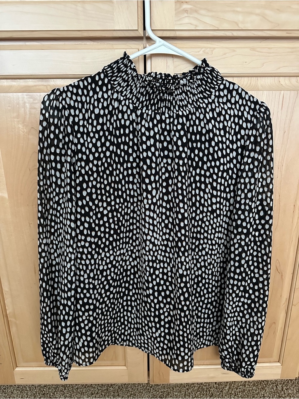 J. Crew Black and White Dot Smocked-Neck Long Sleeve Top